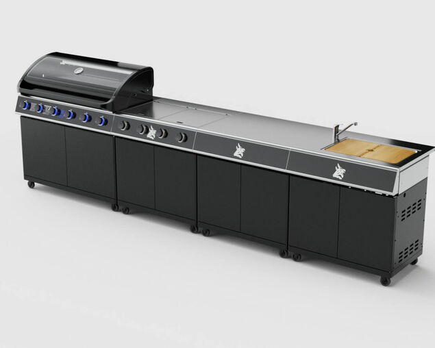 Beefmaster Premium 6 Burner Outdoor Kitchen with Range, Sink & Bench on Classic Carts