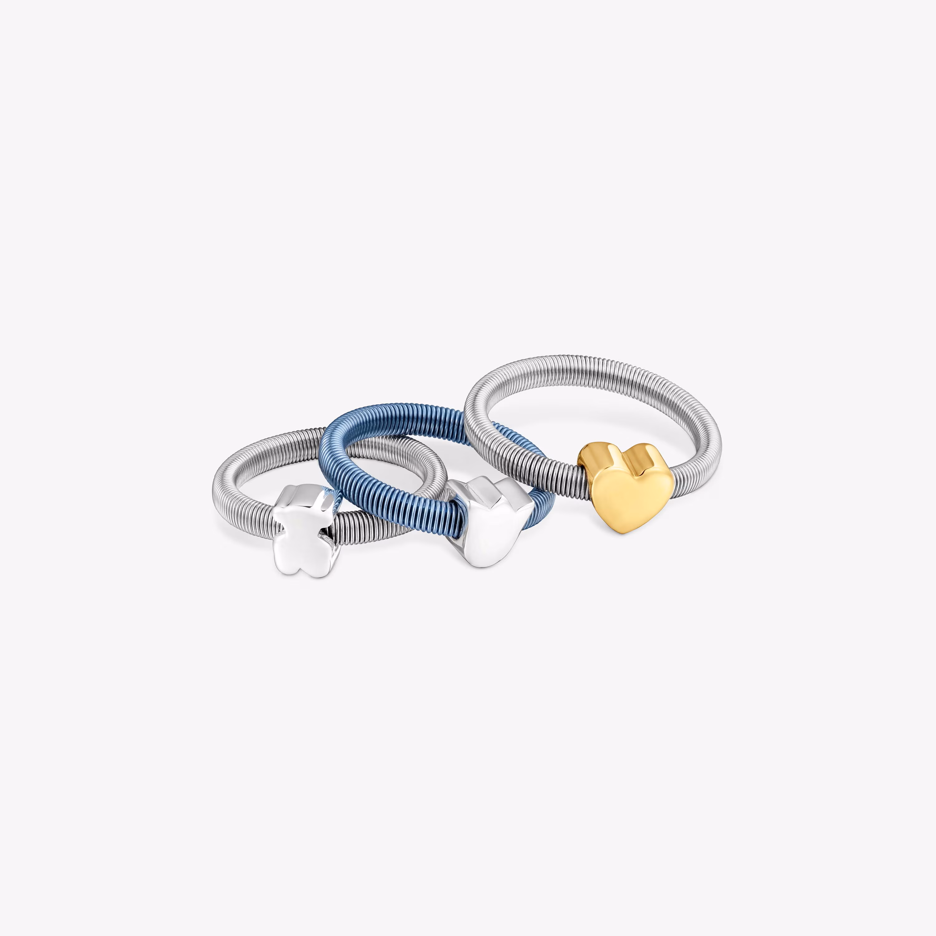 Pack de tres anillos de plata y plata bañada corazón, tulipa y oso TOUS Mesh Tube