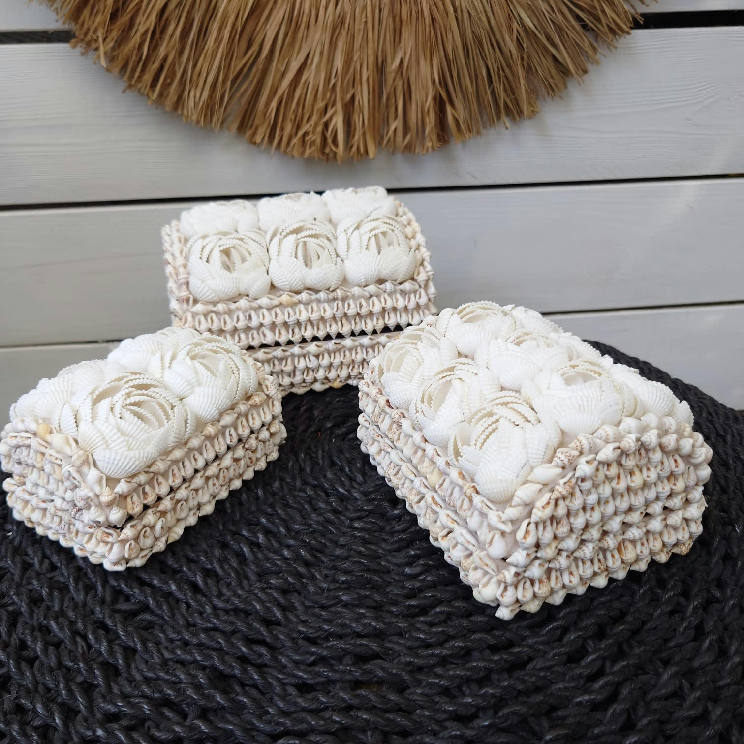 FLEUR - Boîtes en coquillages, blanc - Lot de 3