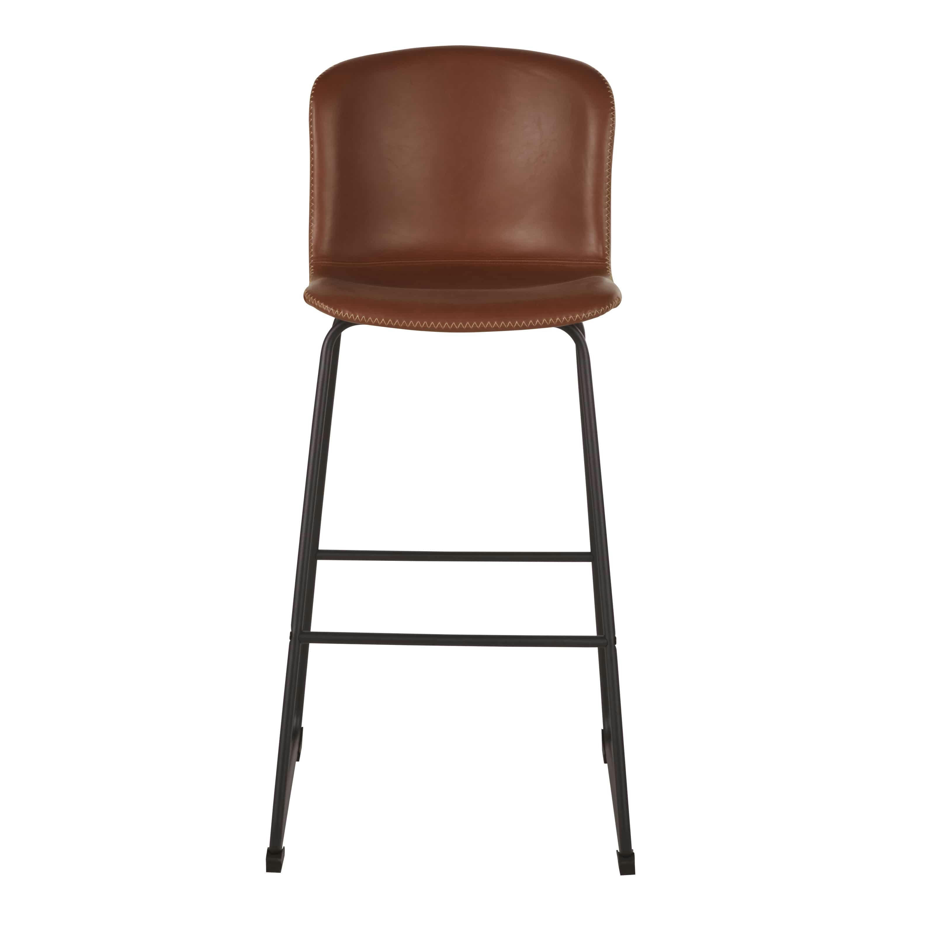 Conny - Chaises de bar en textile enduit marron effet cuir et métal noir (x2) H75