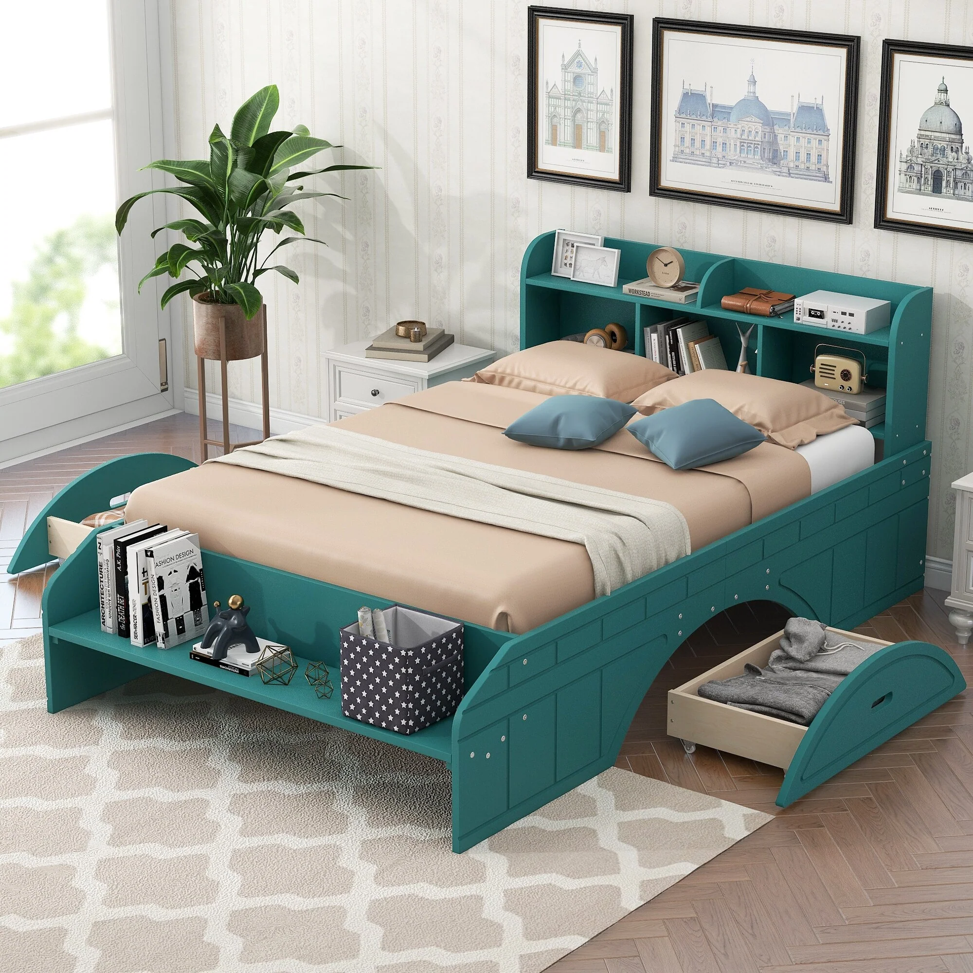 Wooden Twin Platform Bed with Storage Headboard, Footboard, and Drawers