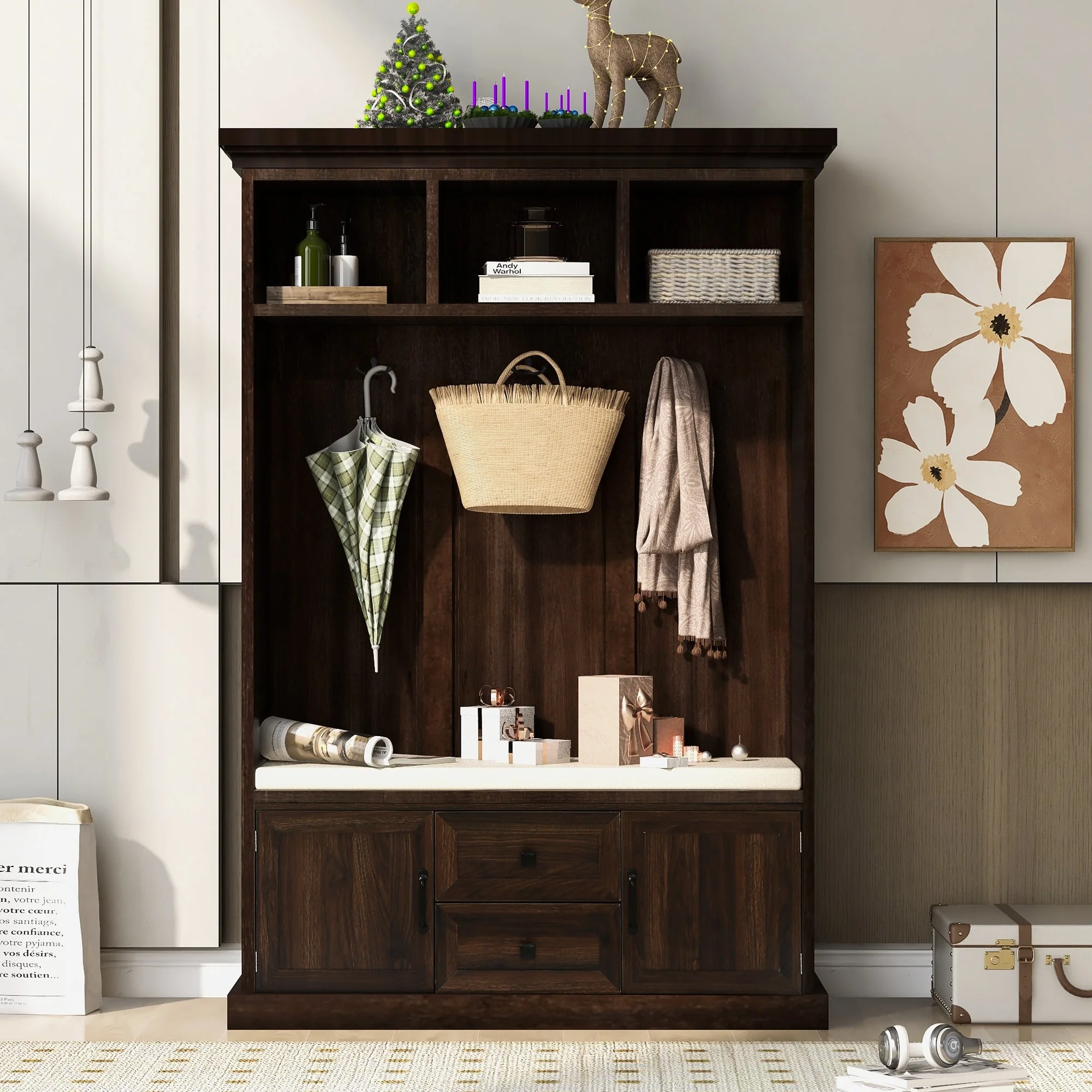 47.2 W Hall Tree with 3 Hooks, Coat Hanger & Storage Bench - Perfect Entryway Organizer