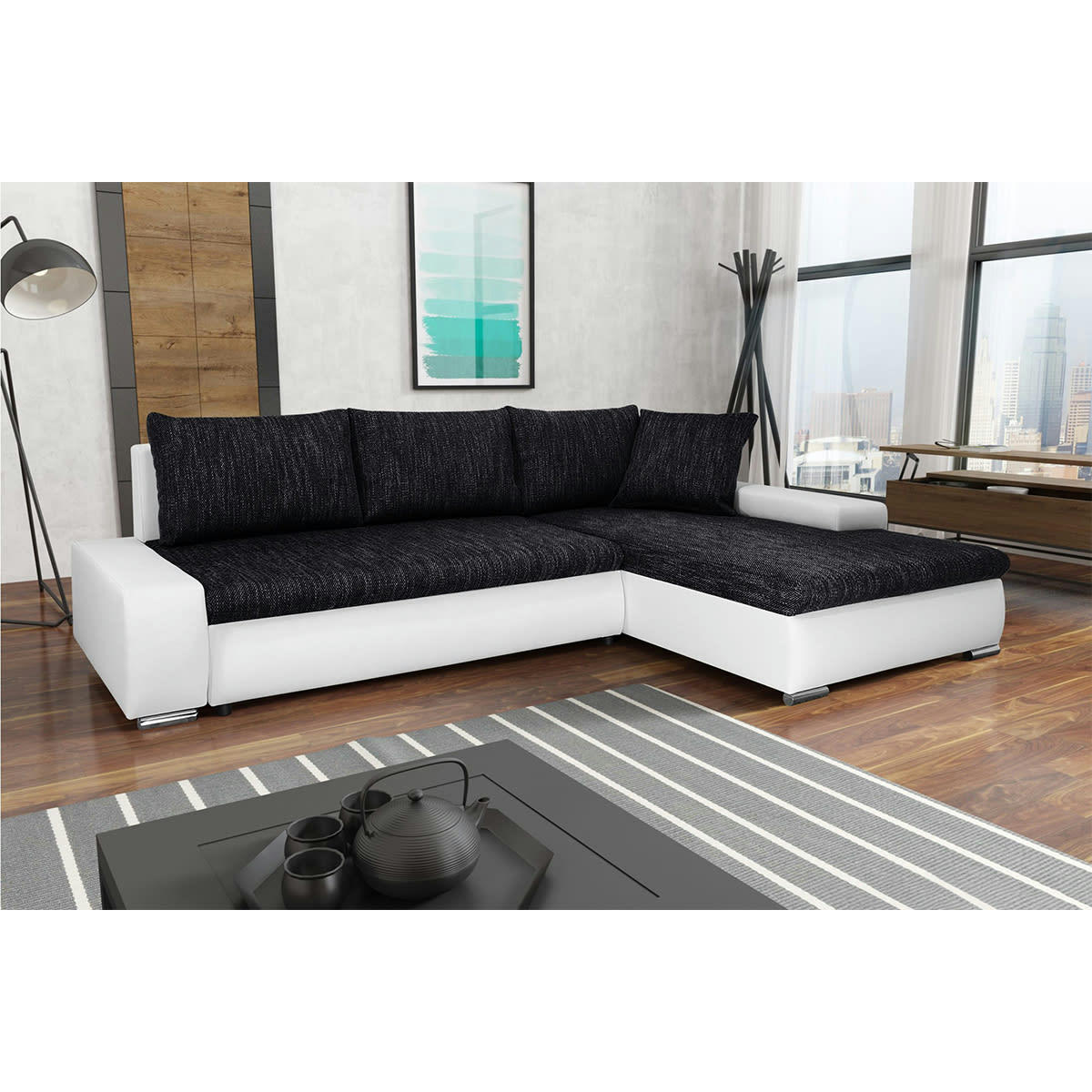 - Canapé d'angle convertible droit 4 places noir et blanc