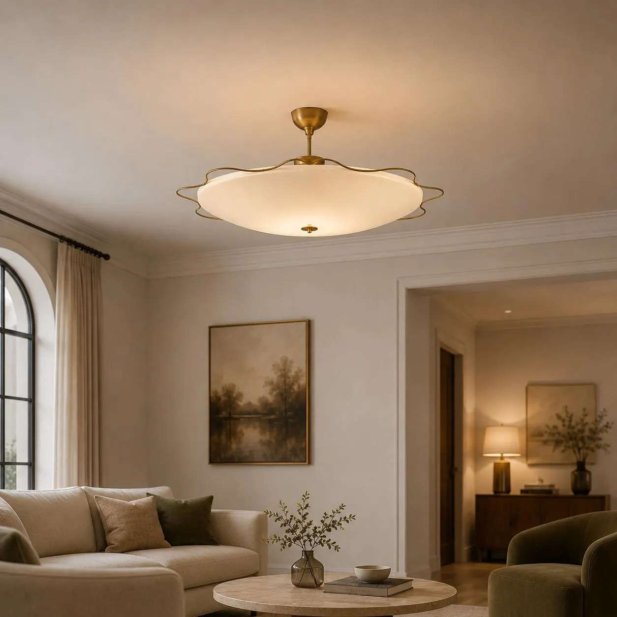 Luxury Raw Brass Ceiling Light, Off White Flush Mount Lamp, Mid Century Modern Chandelier