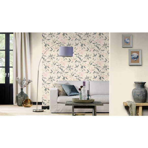 Vliestapete, Blumen, beige/grün/rosa, matt