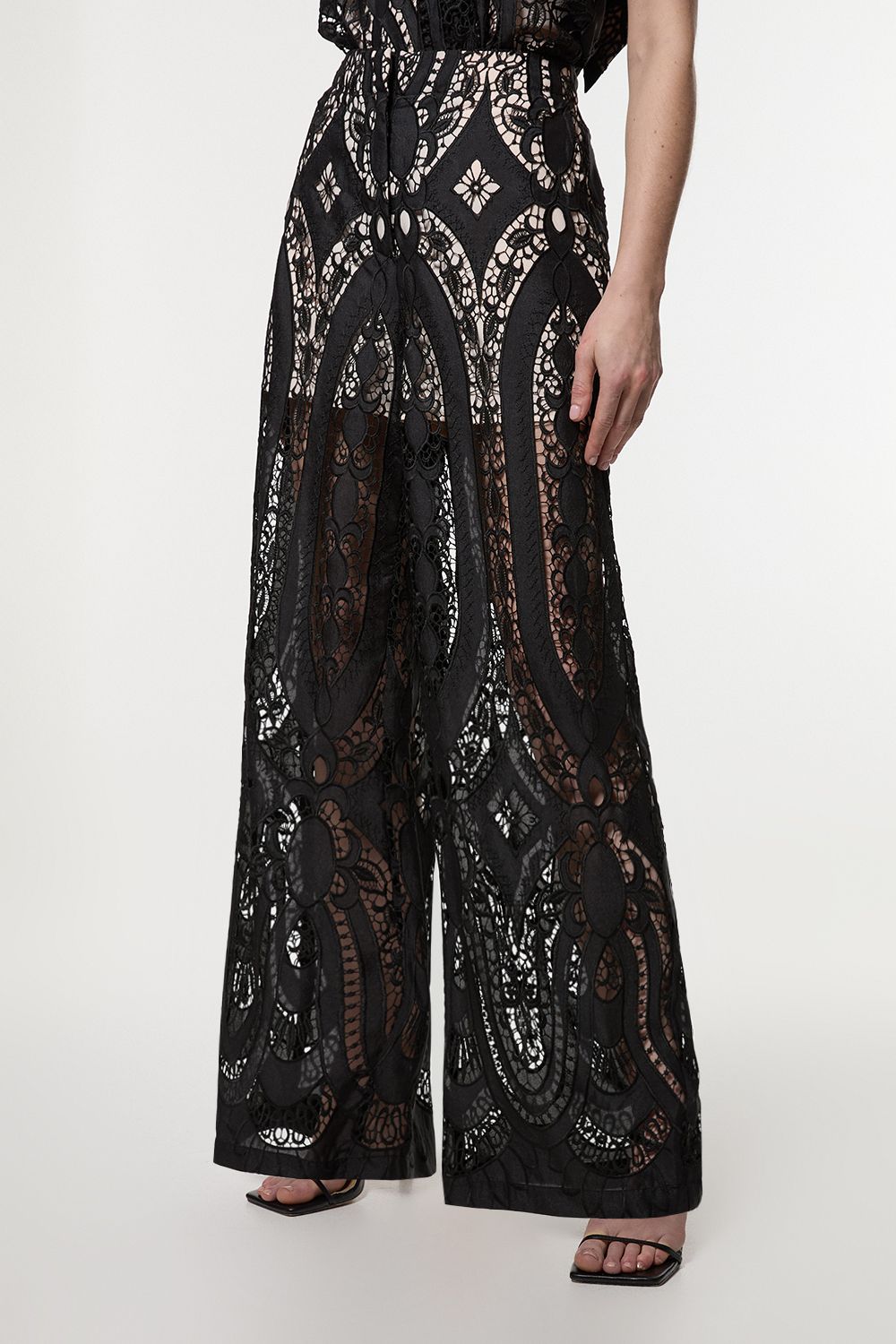 KarenMillen Sheer Georgette Cutwork Woven Wide Leg Trouser