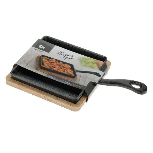 Żeliwna Patelnia 15x15 cm z Bambusową Podstawką