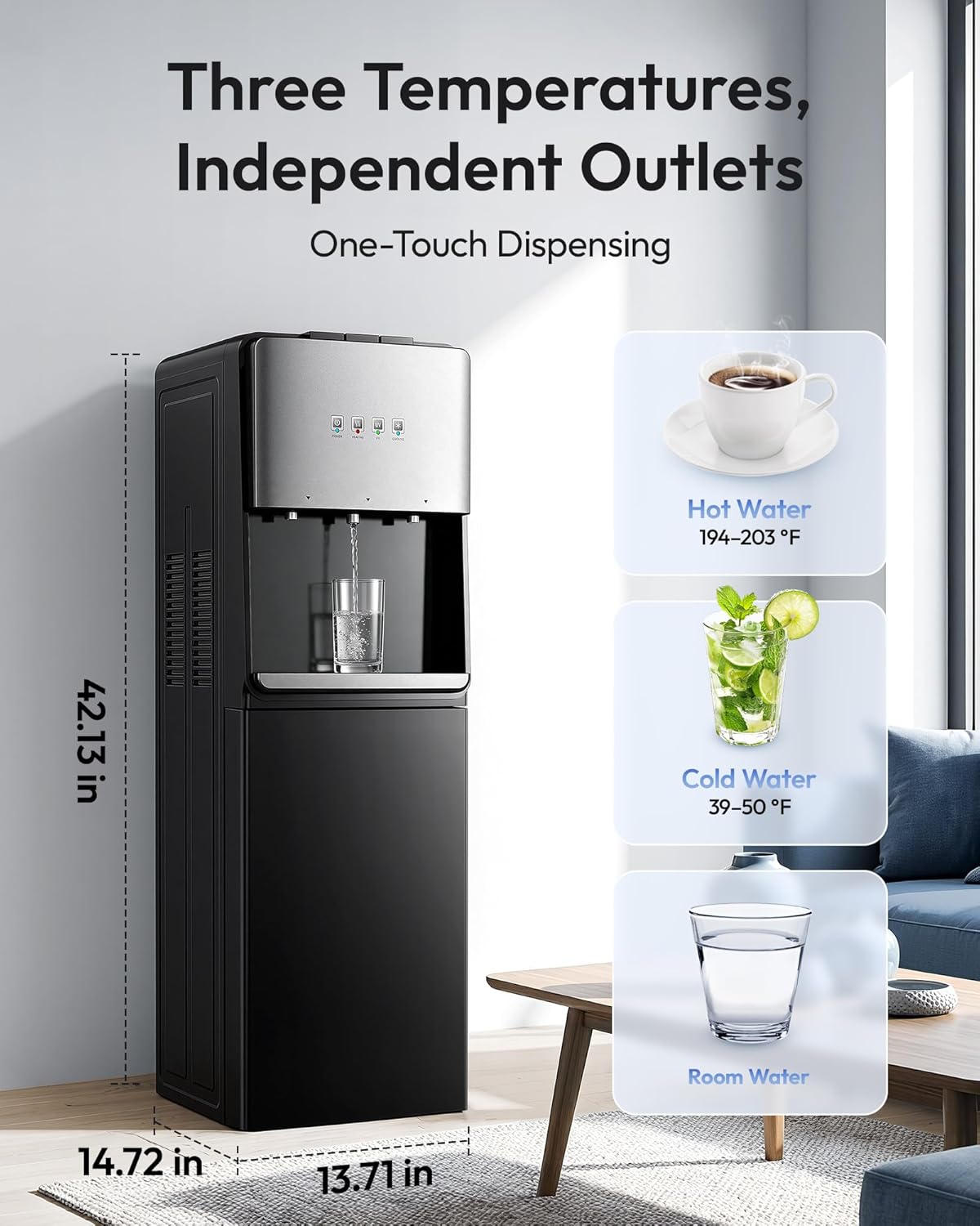 Euhomy Self-Cleaning Bottom-Loading Water Dispenser, Compatible with 5 Gallon Bottles - 3 Temperature Settings with Hot, Room & Cold Water Outlets, Childproof Lock, Night Light & LED Display，Black