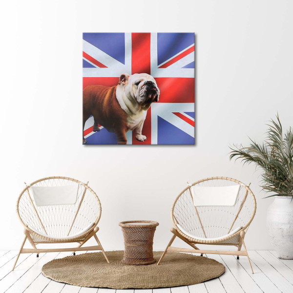 Feeby Obraz na płótnie Buldog angielski na tle flagi 30x30