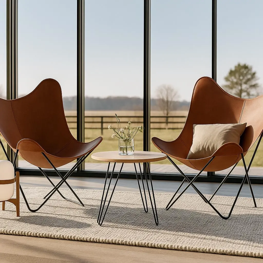 Set of 2 Tan Leather Butterfly Chairs – Retro Handmade Accent Seating