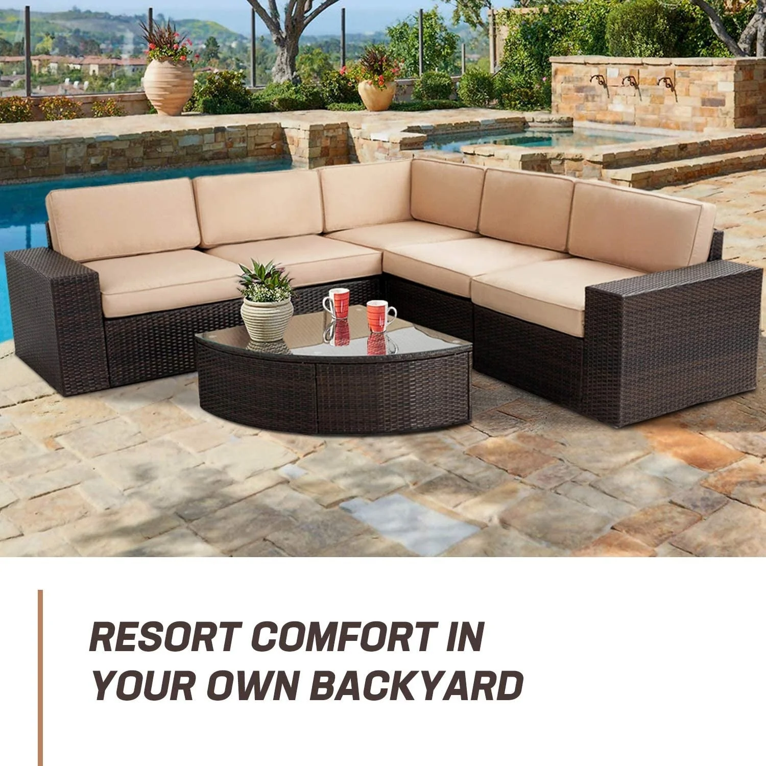Suncrown Outdoor 6-piece Brown Rattan Sectional Sofa Set with Table