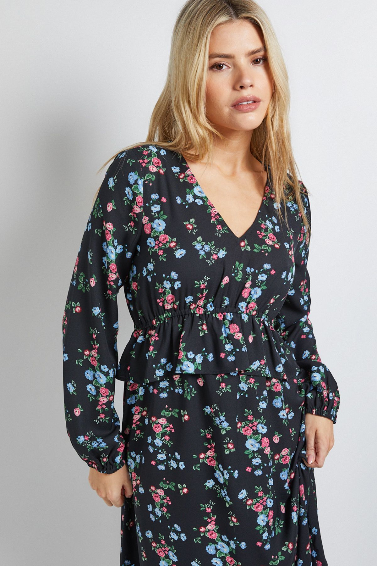 Dorothy Perkins Black Ditsy Shirred Waist Long Sleeve Maxi Dress