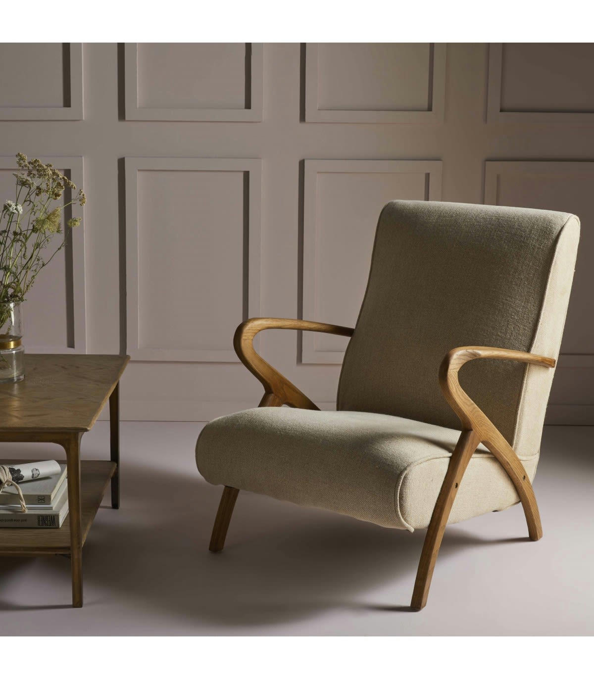 JEAN - Fauteuil de salon en chêne et assise en lin beige - L66 cm