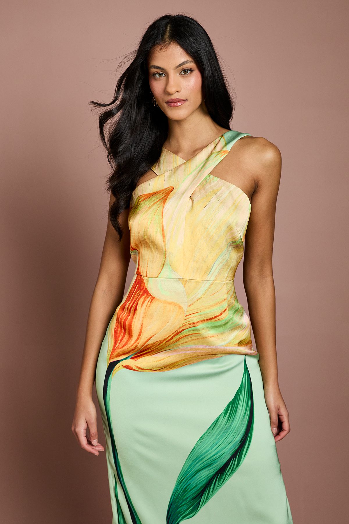 Coast Petite Large Scale Floral Placement Print Halterneck Pencil Dress
