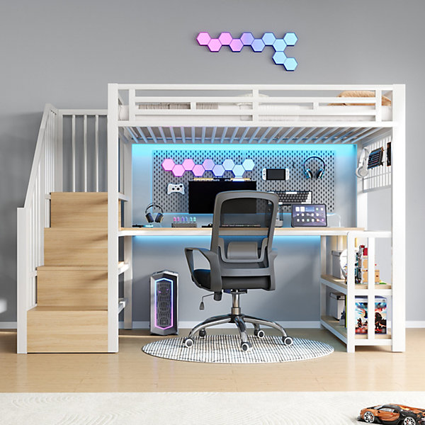Lit Mezzanine Enfant 90x200 cm - avec Bureau, Rangement et LED - sans Matelas - Métal - Blanc