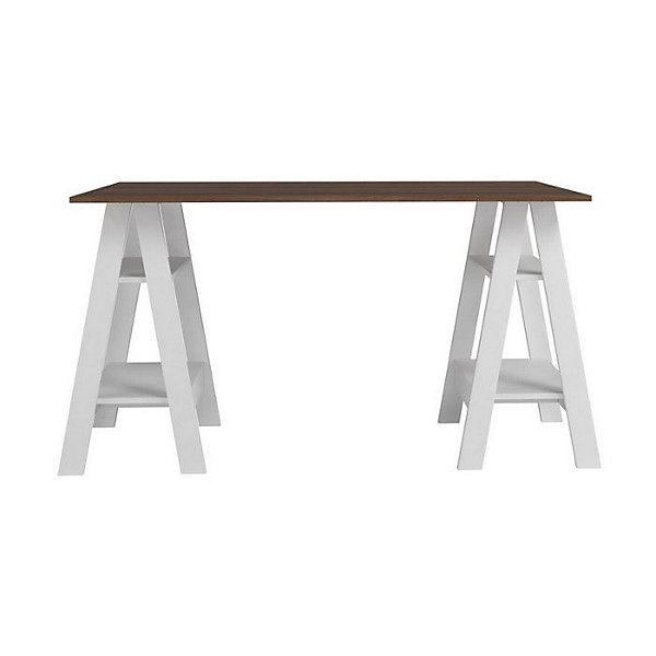 Bureau 2 Tréteaux 4 Niches Blanc et Châtaignier L 135 H 75 P 60 cm - L 135 x l 60 x H 75 cm