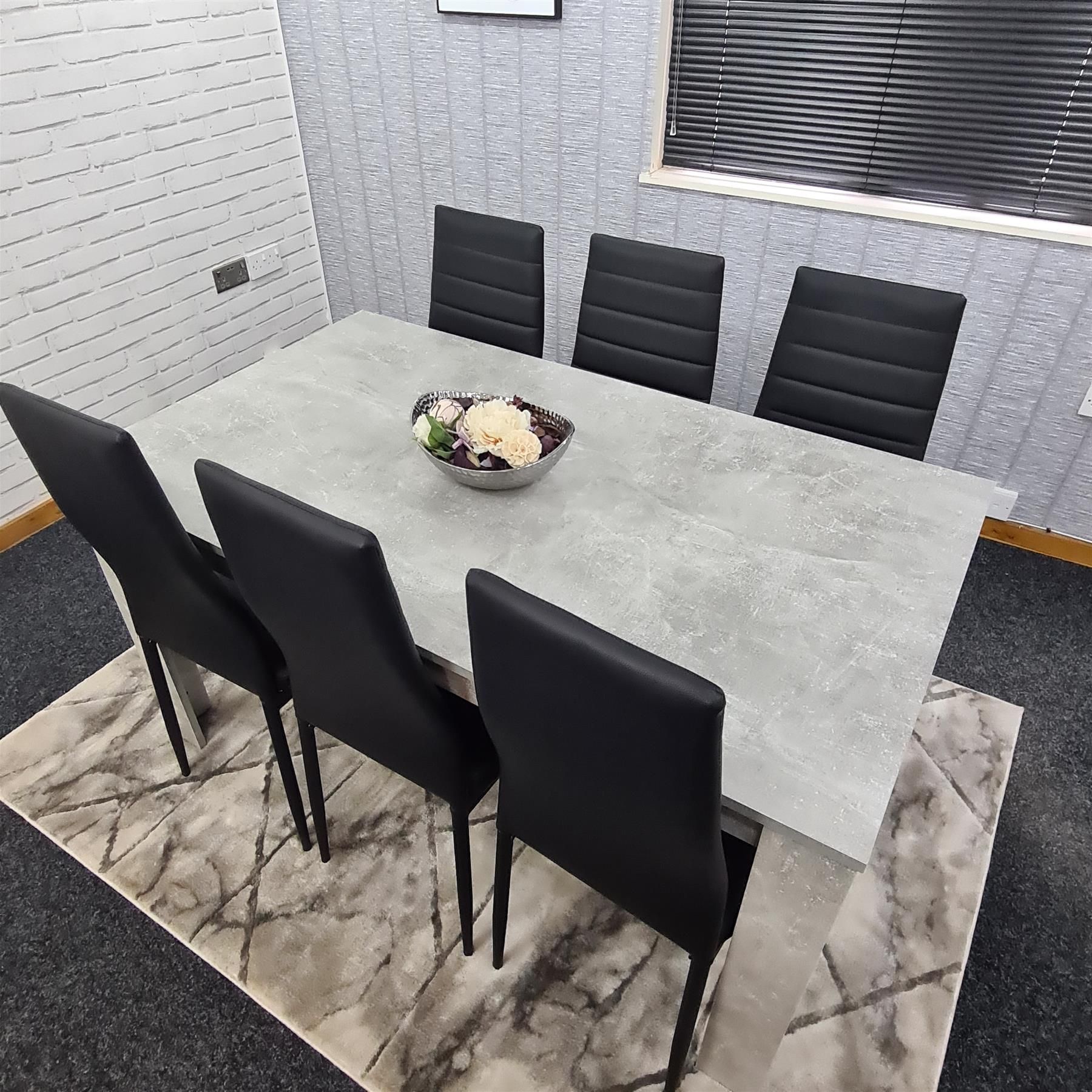 KOSY KOALA Stone Grey Effect Wooden Dining Table Set With 6 Black Chairs Dining Room Furniture