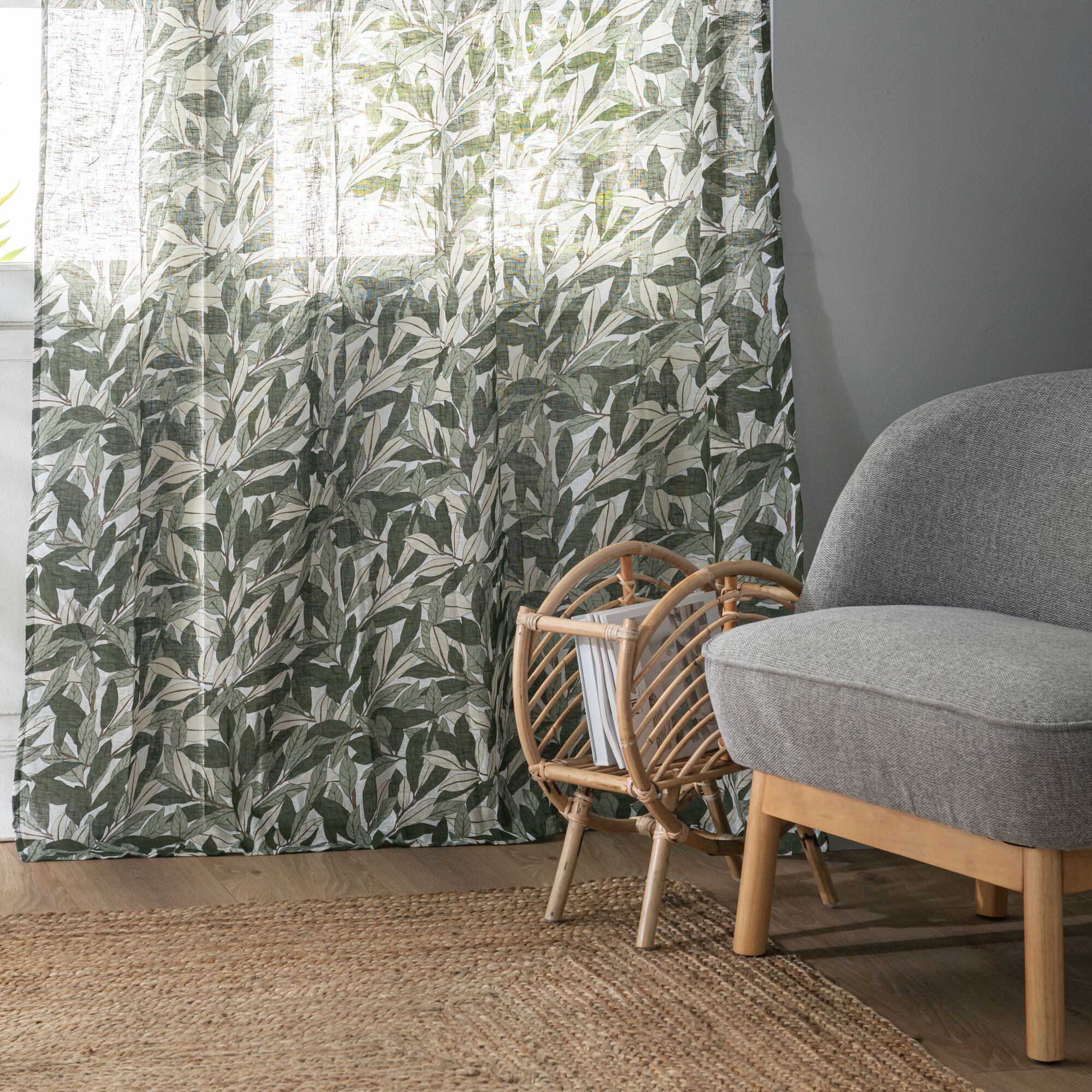 LAURIER - Rideau à œillets en polyester et coton motif Laurier 140x250cm - vert