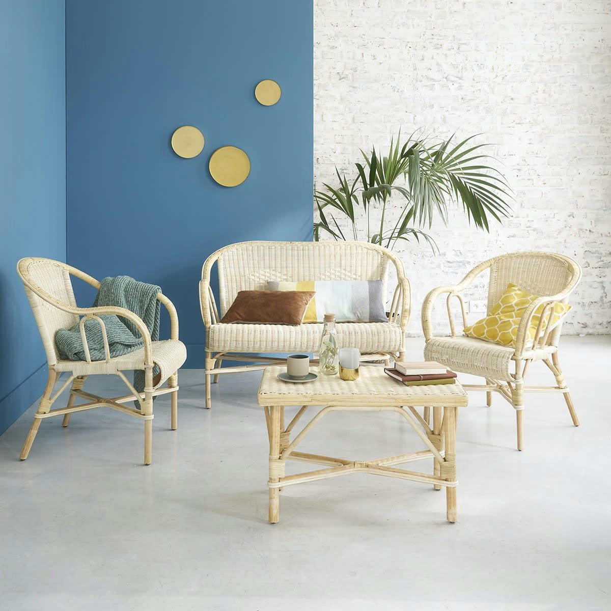 BOHO - Ensemble en rotin 1 canapé 2 fauteuils et 1 table basse