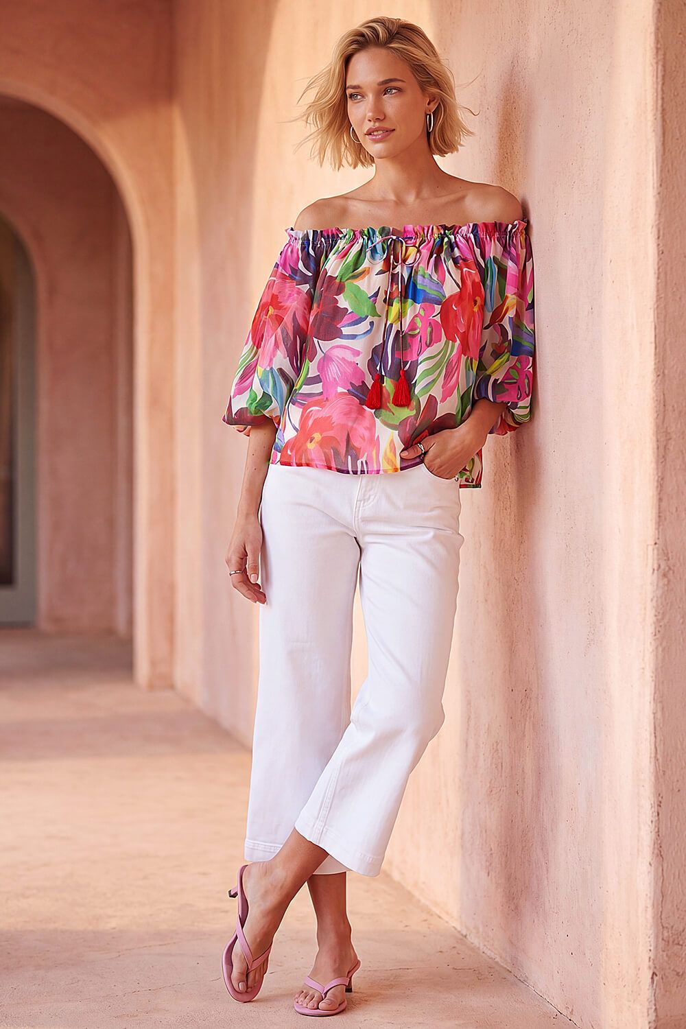 Roman Floral Print Tie Front Bardot Top