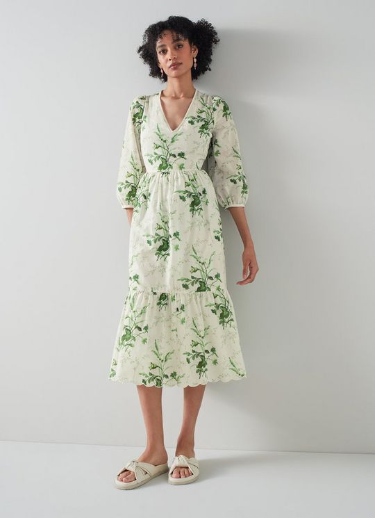 Bronte White and Green Meadow Scene Print Silk-Cotton Dress