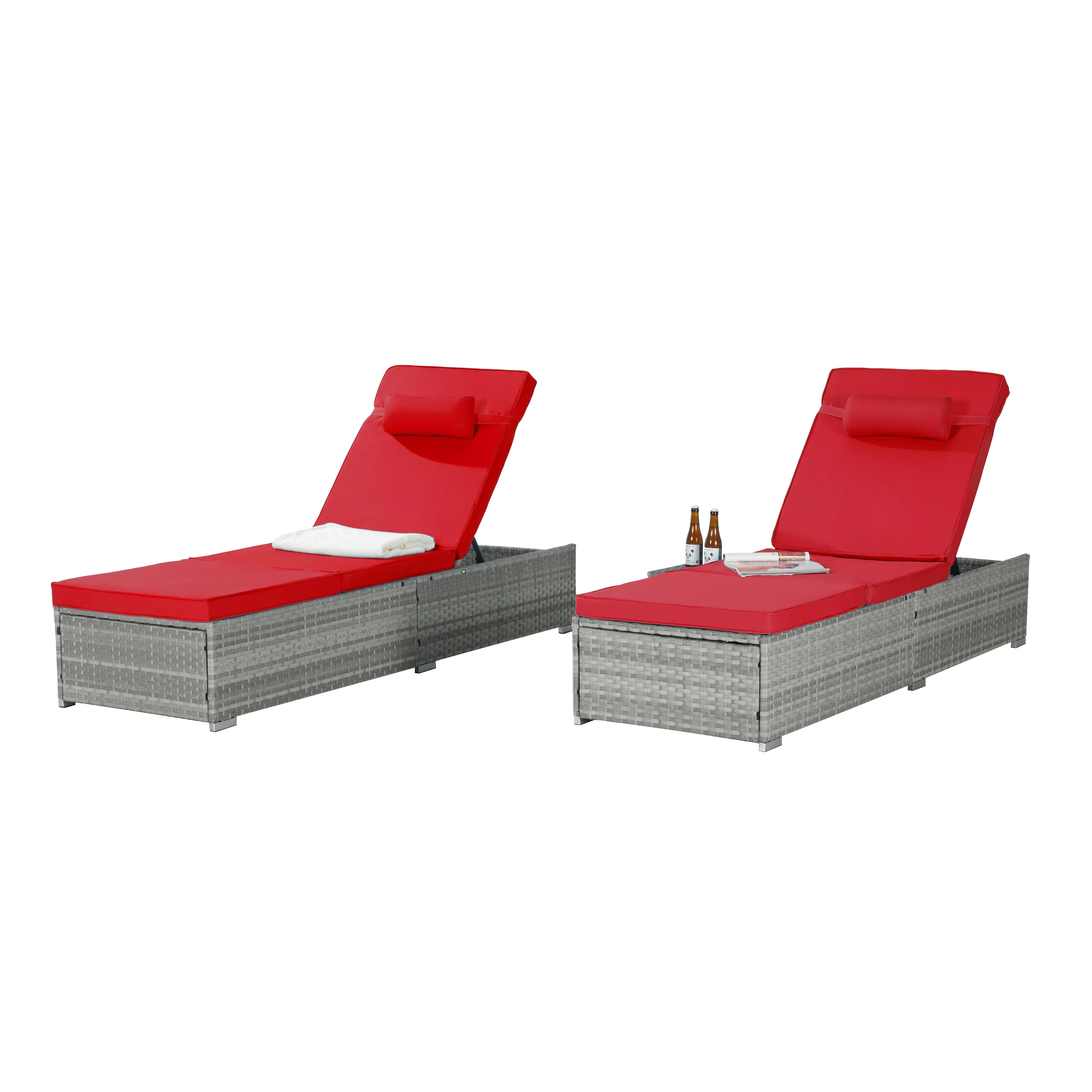 2-Piece Foldable Outdoor Wicker Chaise Lounge Set with Cushions and 5-Position Adjustable Backrest for Poolside Backyard