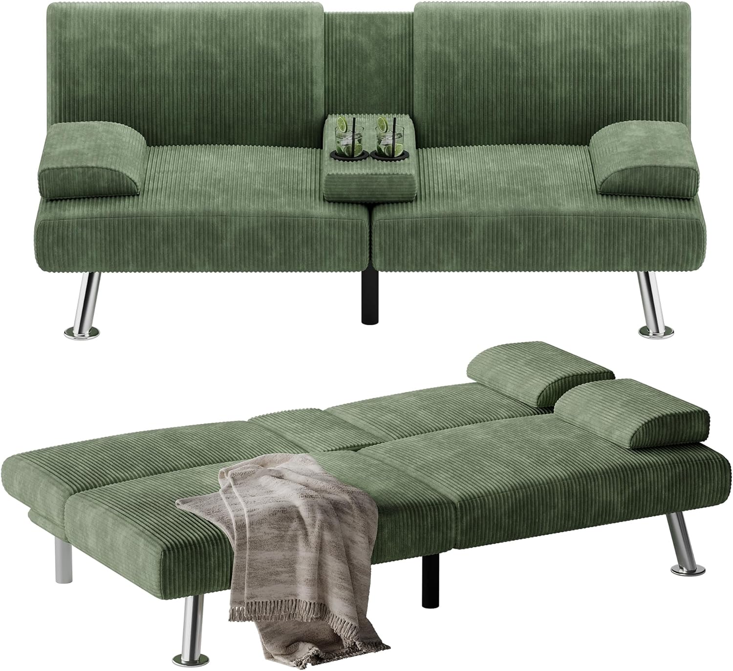 Flamaker Futon Sofa Bed Corduroy Folding Couch Adjustable Sleeper Sofa Bed for Small Apartment Upholstered Living Room Furniture Set with 2 Cup Holders Removable Armrests (Corduroy, Green)