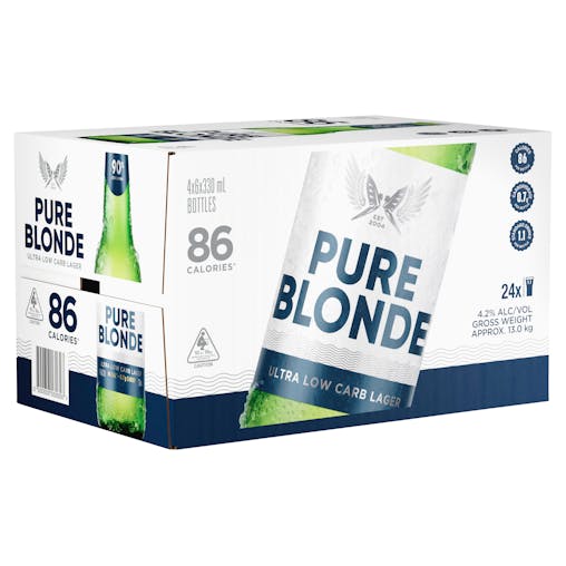 Pure Blonde Ultra Low Carb Lager, Light & Refreshing Finish, 4.2% ABV, 330mL (Case of 24 Bottles)
