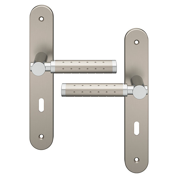 Ensemble poignée sur plaque rond serrure GoodHome Brigg effet chrome et nickel satin gris L.132mm x l.40mm entraxe 195mm