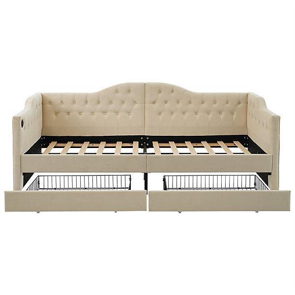Lit adulte lit 90x200 cm lit rembourré avec 2 tiroirs Single velours beige