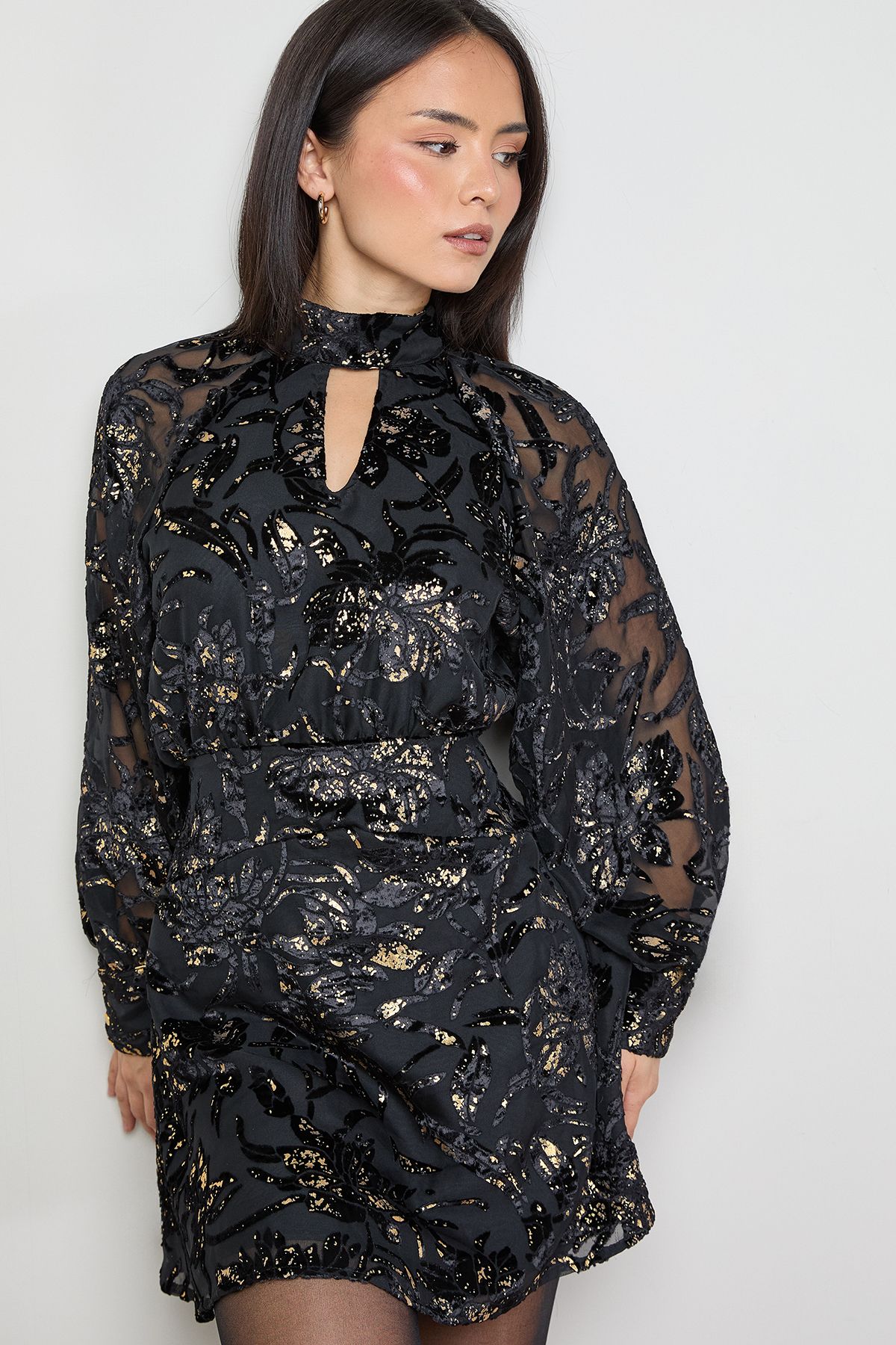 Oasis Petite Floral Metallic Devore High Neck Mini Dress