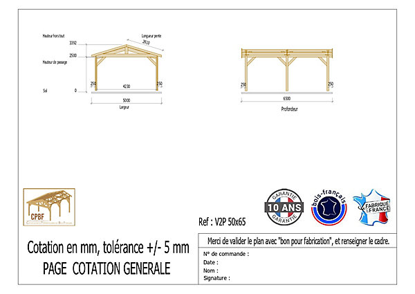 Carport 2 pentes 500 cm x 650 cm, bois DOUGLAS Français(Charpente en bois-auvent-abri voiture),33m². Garantie 10 ans