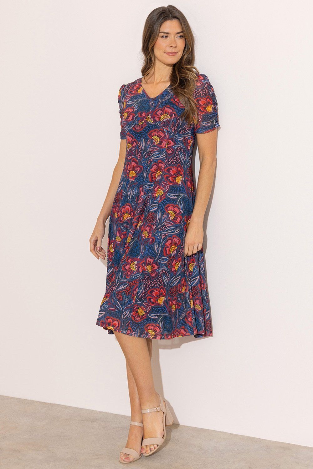 Klass. Floral Print Short Sleeve Mesh Dress