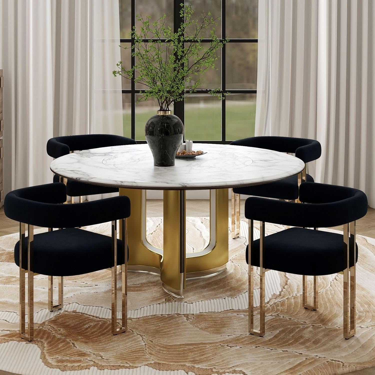 Hyfirm Set of 4 Black and Gold Modern Dining Chairs, Velvet Upholstered Barrel Armchairs with Metal Legs for Kitchen Island, Mid Century Accent Chairs for Dining Room Living Room, Open-Back