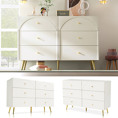 Commode avec 6 tiroirs - pieds dorés - en Panneaux de particules - Blanc