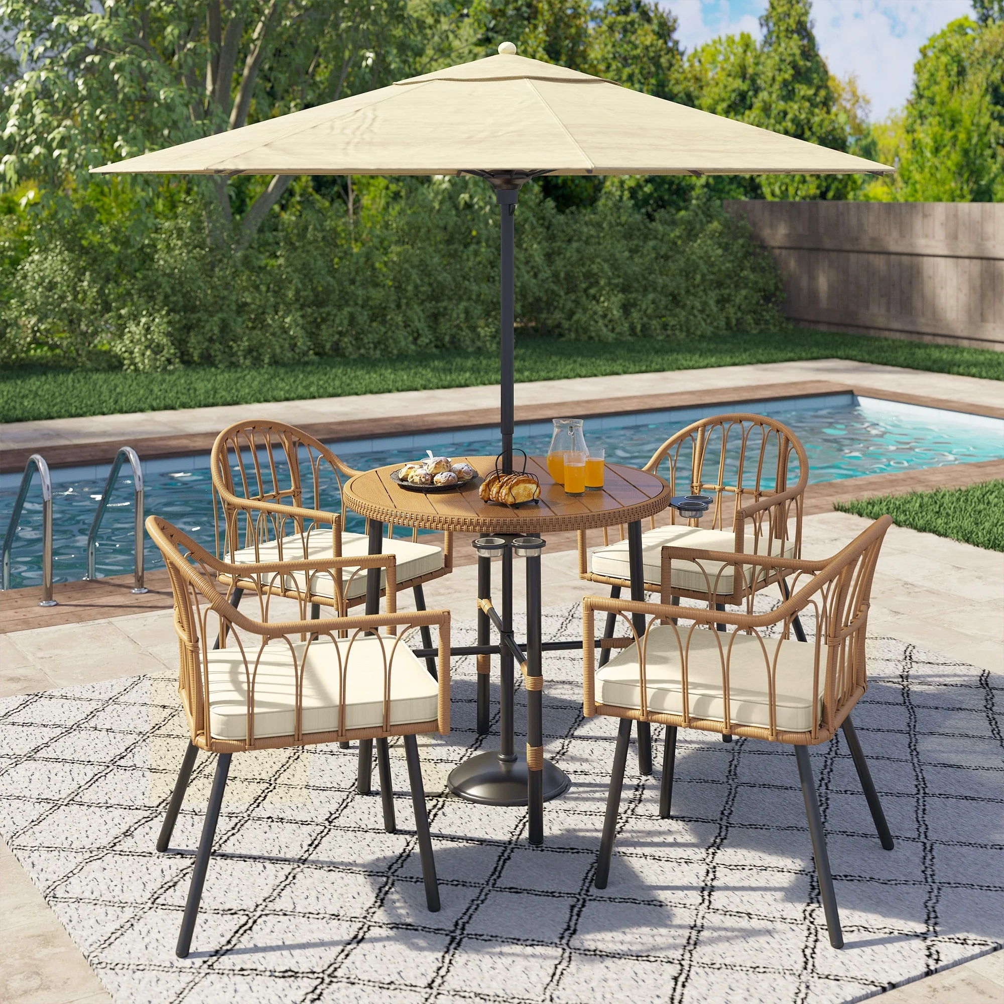Moasis 5-piece Rattan Outdoor Patio Dining Set, Wicker Dining Chairs Table with Umbrella Hole