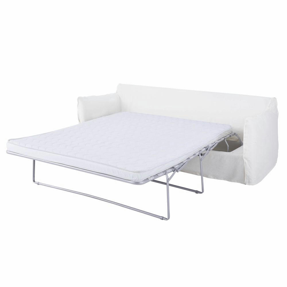 Barcelone - Canapé convertible 3/4 places en lin supérieur blanc, matelas 6 cm