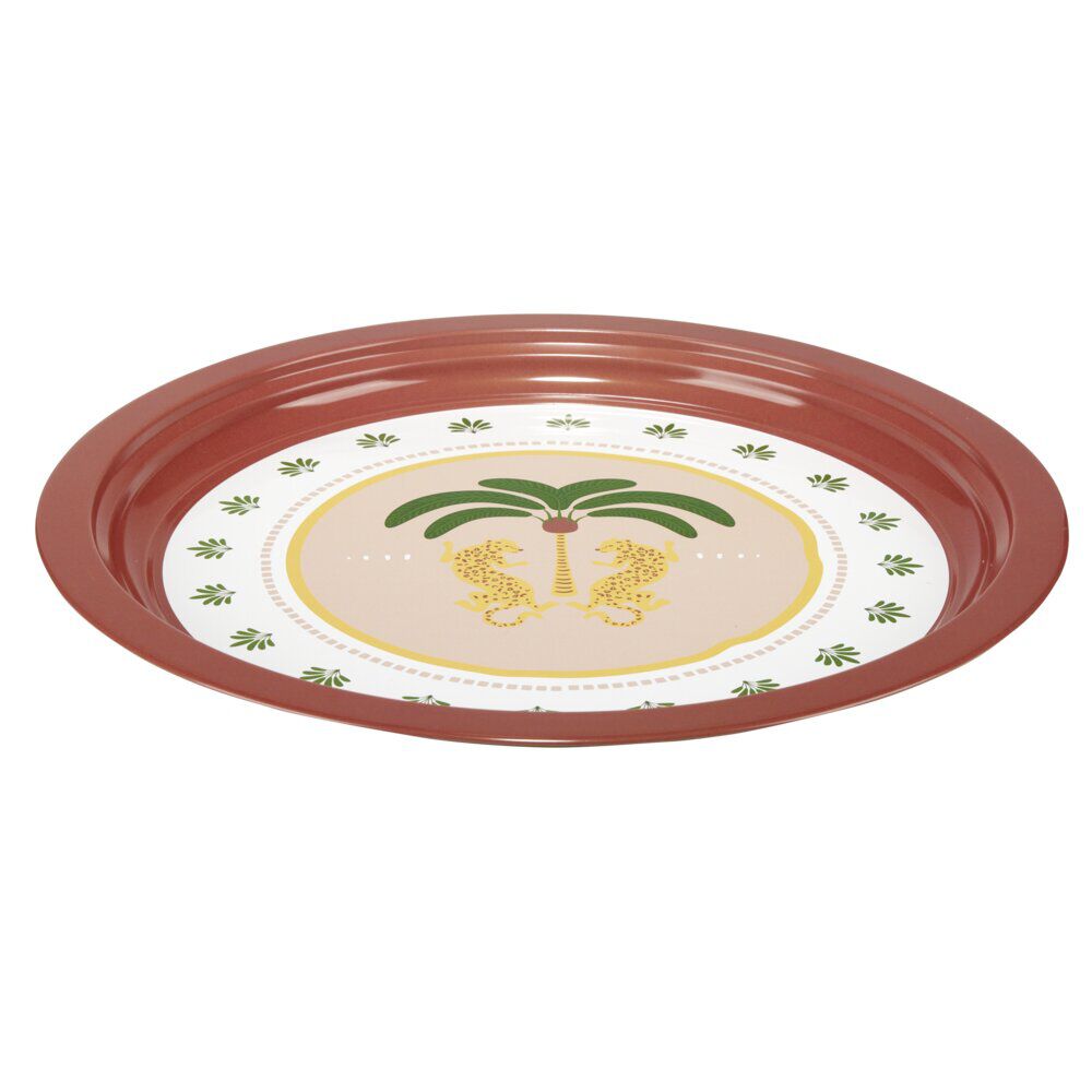 Plateau rond Indie motif palmier métal rose et vert Ø34cm