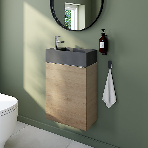 Meuble lave-mains à poser effet chêne l.44 cm Imandra   plan vasque béton gris, GoodHome