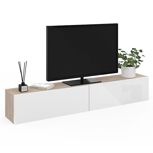 Meuble TV 180 cm suspendu ELIO 2 portes bois et blanc