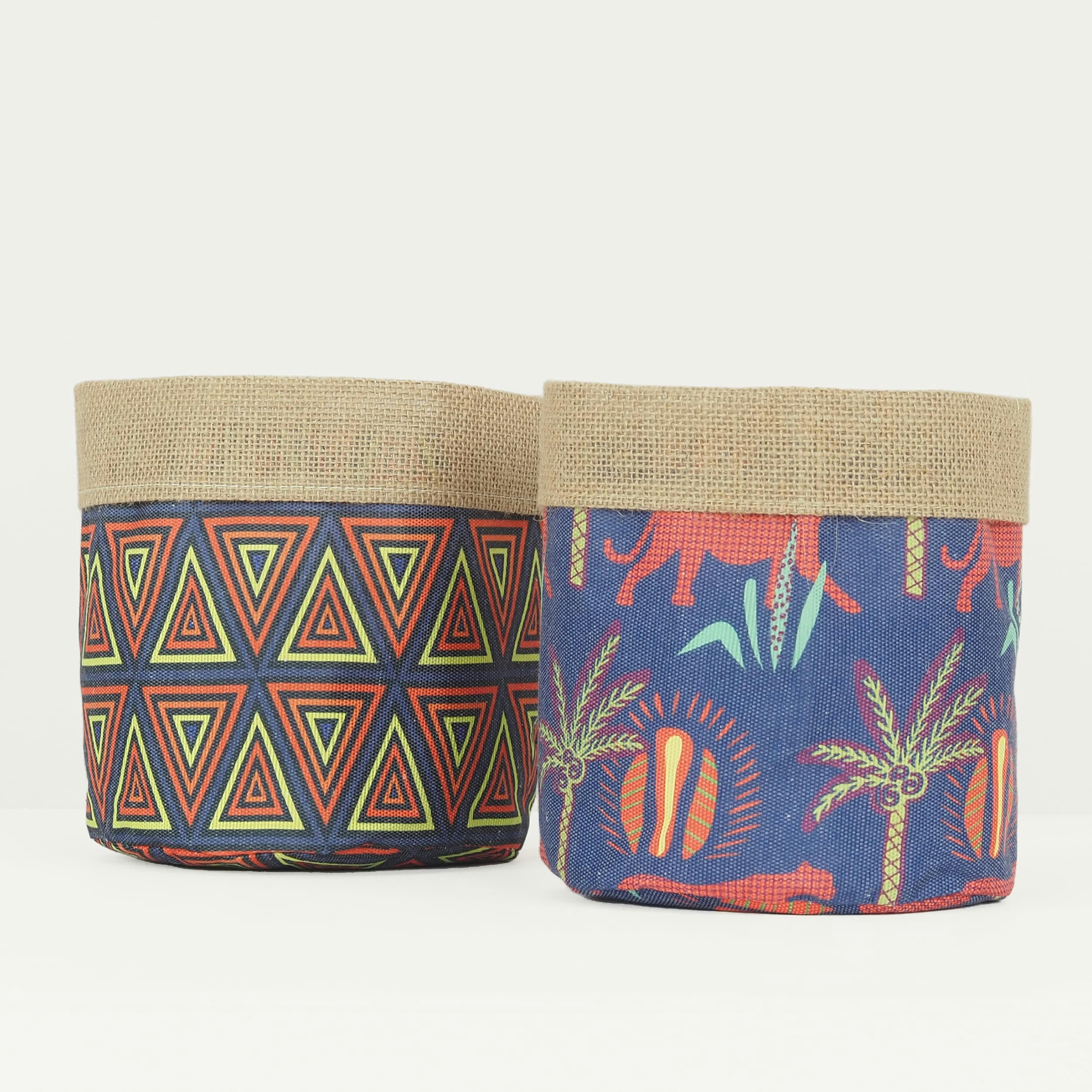 - Cache-pots lot de 2 en jute et tissu ethnique 25cm