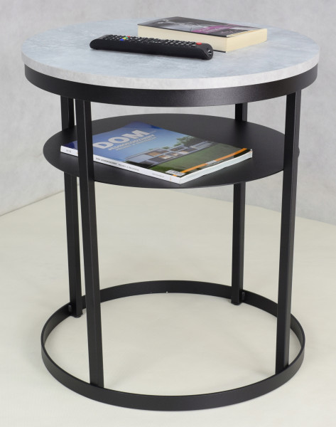 Okrągły Stolik Kawowy z Półką Do Salonu Loft 55 cm Metal Czarny Beton Jasny