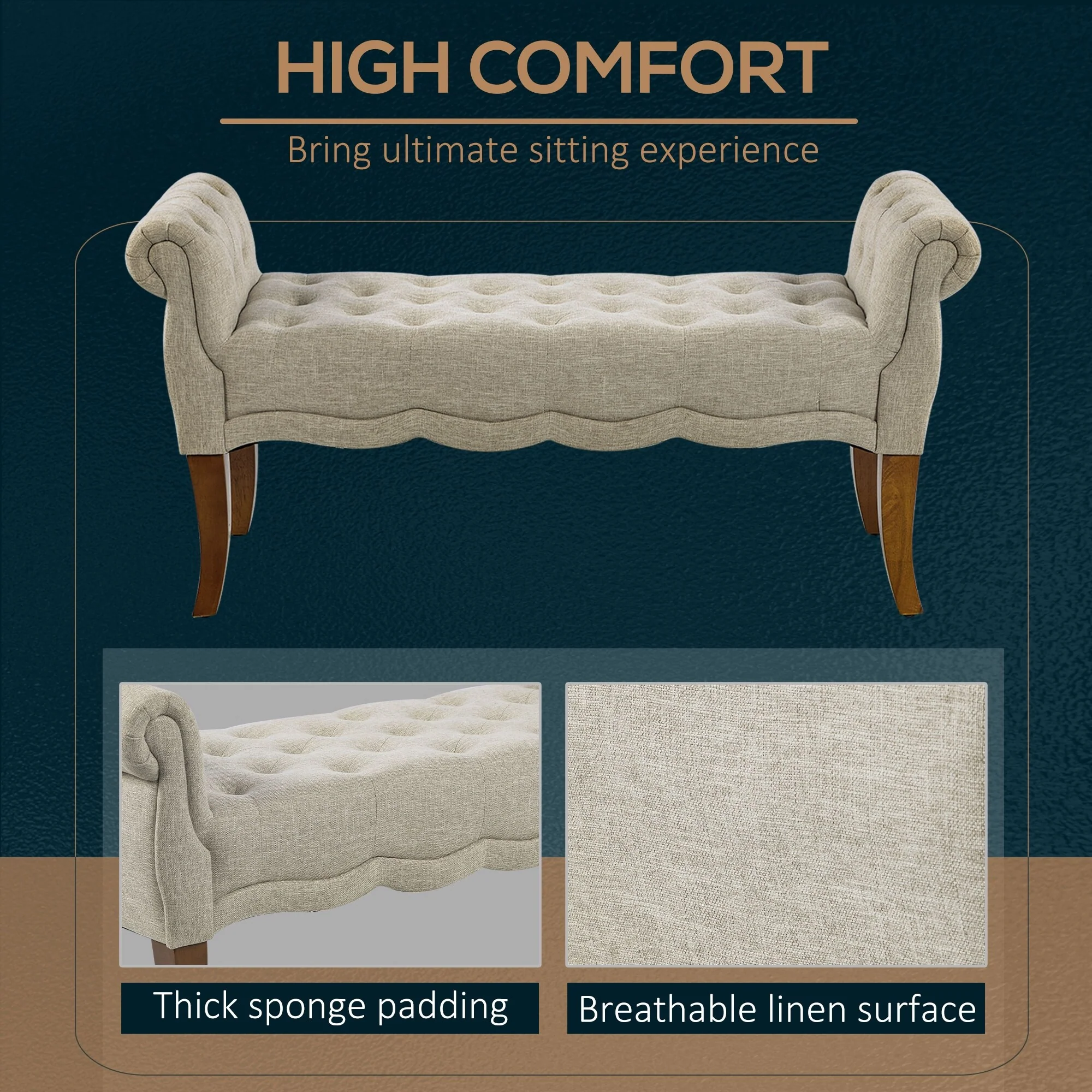 Upholstered Entryway Bench with Button Tufted and Rounded Arm