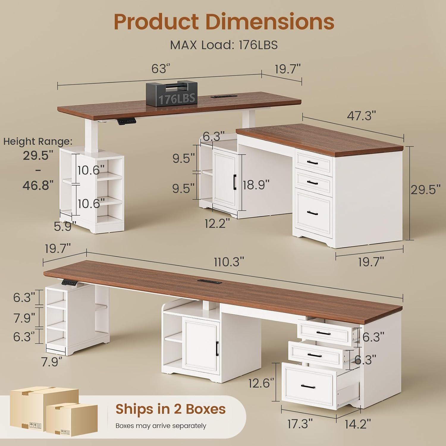SEDETA Farmhouse L Shaped Electric Standing Desk, 63 x 67 Height Adjustable Home Office Executive Desk with Drawers and Shelves, Standing Computer Desks with Power Outlet for Home Office, White