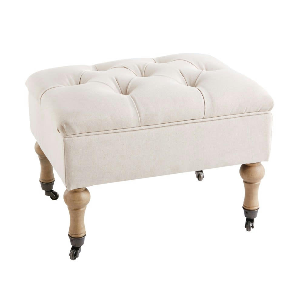 Aristide - Pouf coffre capitonné à roulettes en lin et coton écrus