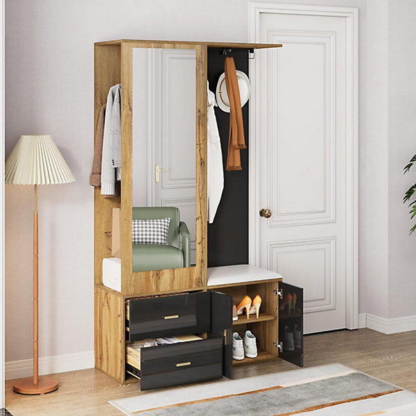 Ensemble armoire élégant noir et bois avec miroir, meuble à chaussures, banc avec crochets et porte-pantalons extensible