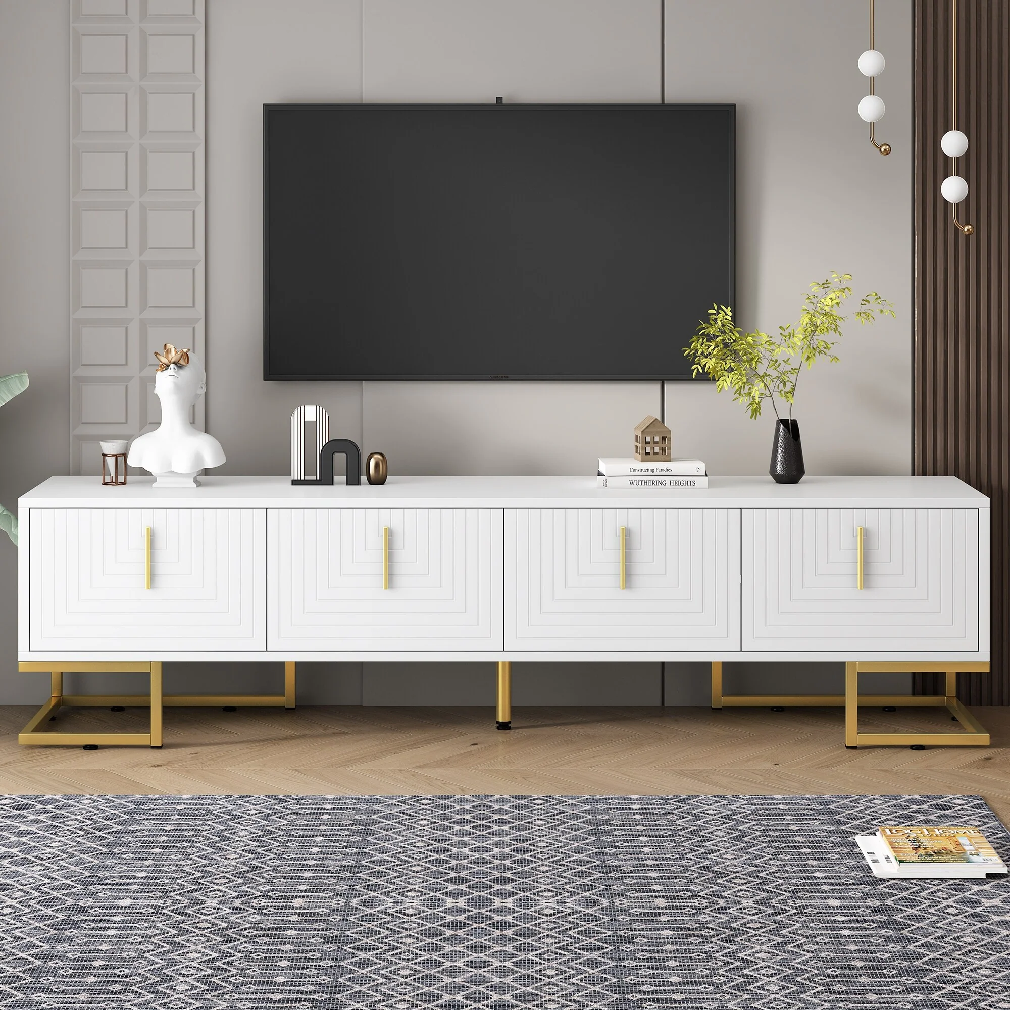 White+Gold 70 TV Stand with Gold Handles & Adjustable Shelves for TVs Up to 80