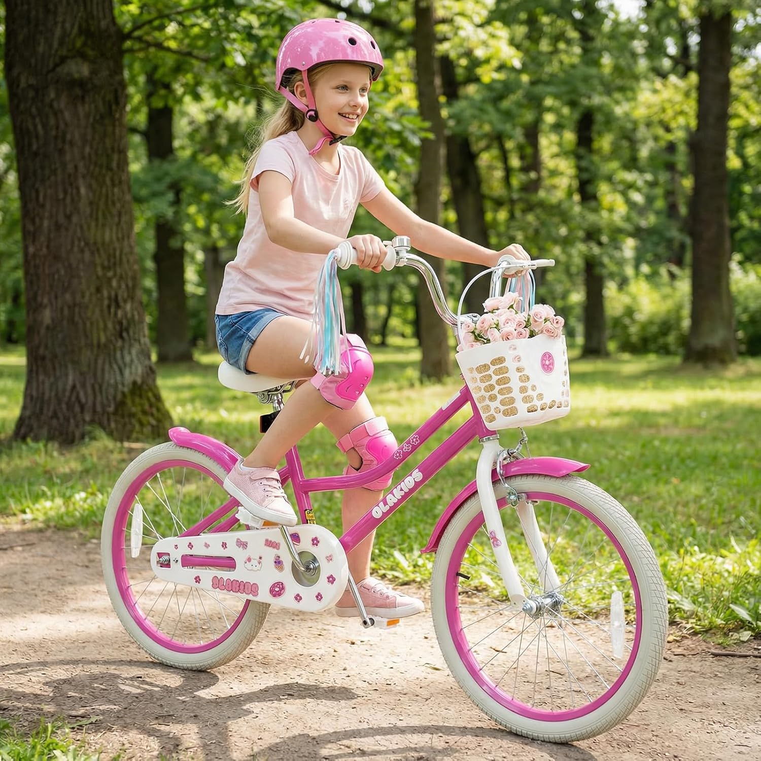 Olakids Kids Bike, 12 14 16 18 20 Inch Toddlers Bike with Doll Seat Basket Adjustable Seat and Handlebar, Handbrake and Coaster Brake, Children's Bicycle for Girls
