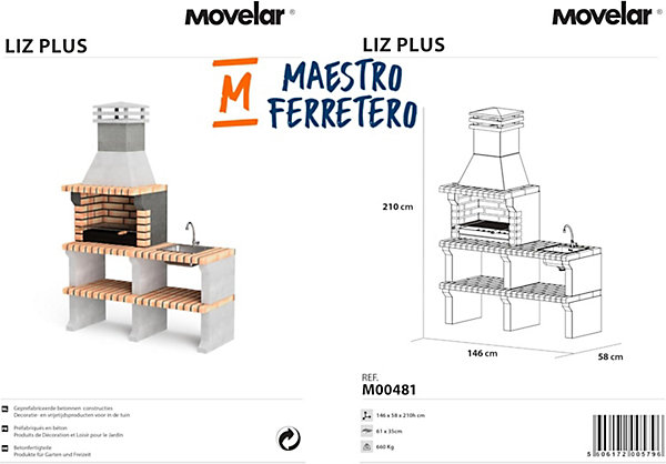 MOVELAR - Barbecue Préfabriqué à Bois et Charbon Liz PlusxL 1 Support Latéral avec évier&Robinet (Gris,Orange-142x58x210cm)M00481