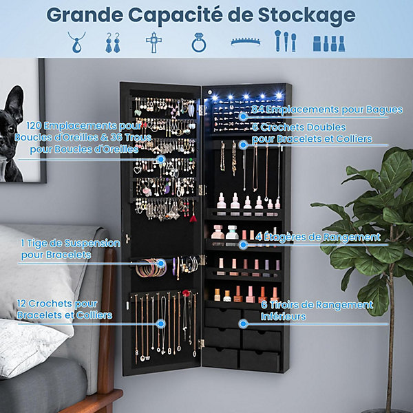 Armoire à Bijoux Mural avec Miroir et Lumière LED, Accrochée à la Porte avec Serrure, Miror Porte-Bijoux (Noir, 120x36,5x11,5cm)